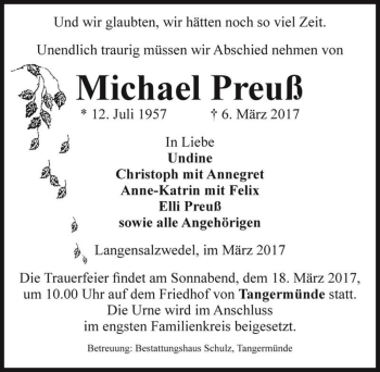 Traueranzeige von Michael Preuß  von Magdeburger Volksstimme