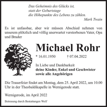 Traueranzeige von Michael Rohr  von Magdeburger Volksstimme