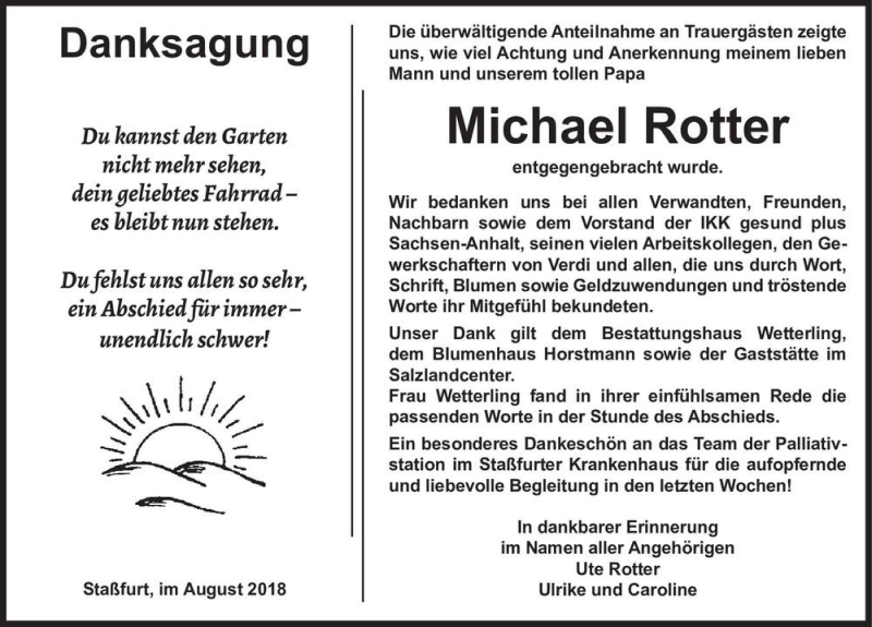  Traueranzeige für Michael Rotter  vom 04.08.2018 aus Magdeburger Volksstimme