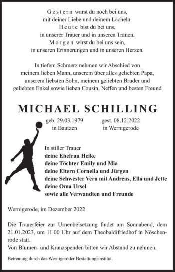 Traueranzeige von Michael Schilling  von Magdeburger Volksstimme