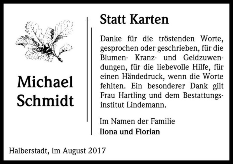  Traueranzeige für Michael Schmidt  vom 19.08.2017 aus Magdeburger Volksstimme