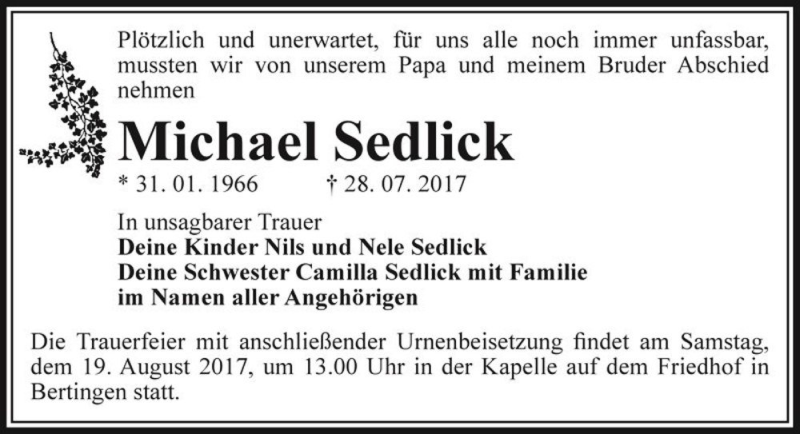  Traueranzeige für Michael Sedlick  vom 05.08.2017 aus Magdeburger Volksstimme