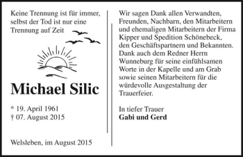 Traueranzeige von Michael Silic  von Magdeburger Volksstimme