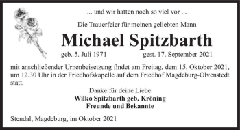 Traueranzeige von Michael Spitzbarth  von Magdeburger Volksstimme