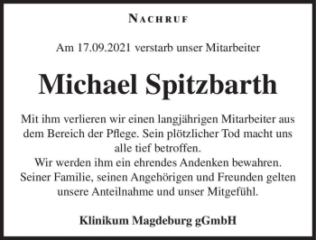 Traueranzeige von Michael Spitzbarth  von Magdeburger Volksstimme