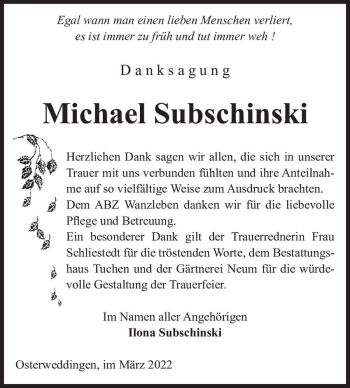 Traueranzeige von Michael Subschinski  von Magdeburger Volksstimme