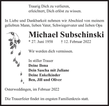 Traueranzeige von Michael Subschinski  von Magdeburger Volksstimme