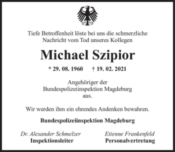 Traueranzeige von Michael Szipior  von Magdeburger Volksstimme