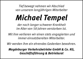 Traueranzeige von Michael Tempel  von Magdeburger Volksstimme
