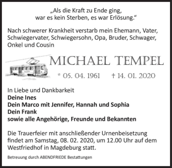 Traueranzeige von Michael Tempel  von Magdeburger Volksstimme