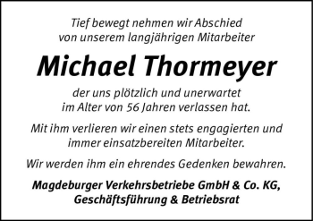 Traueranzeige von Michael Thormeyer  von Magdeburger Volksstimme