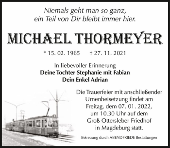 Traueranzeige von Michael Thormeyer  von Magdeburger Volksstimme