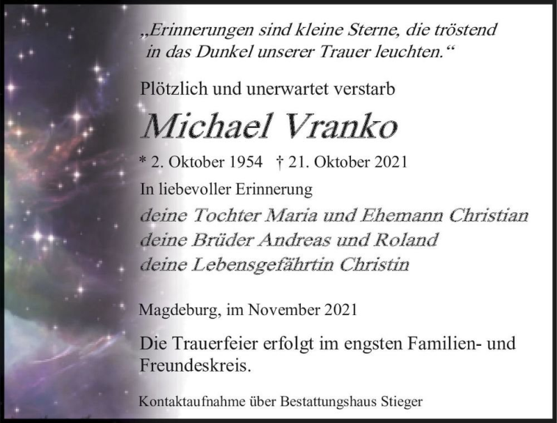  Traueranzeige für Michael Vranko  vom 06.11.2021 aus Magdeburger Volksstimme