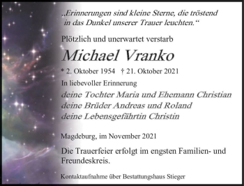 Traueranzeige von Michael Vranko  von Magdeburger Volksstimme
