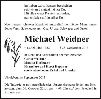 Traueranzeige von Michael Weidner  von Magdeburger Volksstimme