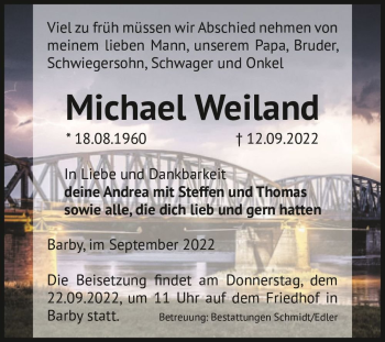 Traueranzeige von Michael Weiland  von Magdeburger Volksstimme