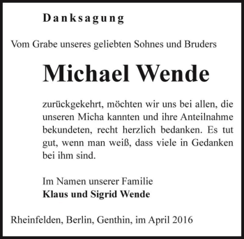 Traueranzeige von Michael Wende  von Magdeburger Volksstimme