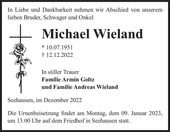 Traueranzeige von Michael Wieland  von Magdeburger Volksstimme