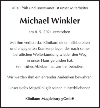 Traueranzeige von Michael Winkler  von Magdeburger Volksstimme