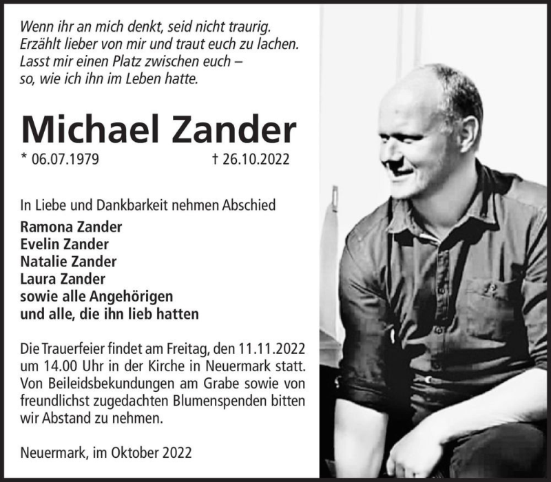  Traueranzeige für Michael Zander  vom 03.11.2022 aus Magdeburger Volksstimme