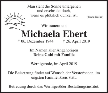 Traueranzeige von Michaela Ebert  von Magdeburger Volksstimme