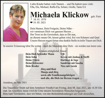 Traueranzeige von Michaela Klickow (geb. Fietz)  von Magdeburger Volksstimme