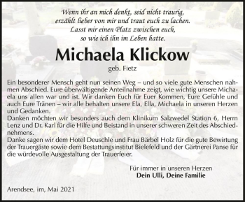 Traueranzeige von Michaela Klickow (geb. Fietz)  von Magdeburger Volksstimme