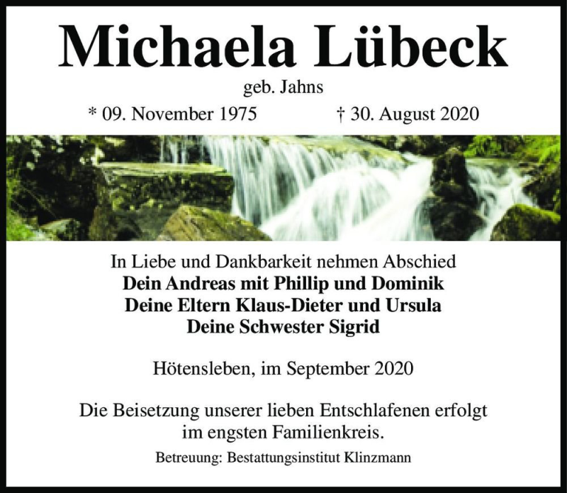  Traueranzeige für Michaela Lübeck (geb. Jahns)  vom 05.09.2020 aus Magdeburger Volksstimme