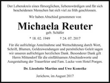 Traueranzeige von Michaela Reuter (geb. Schäfer)  von Magdeburger Volksstimme