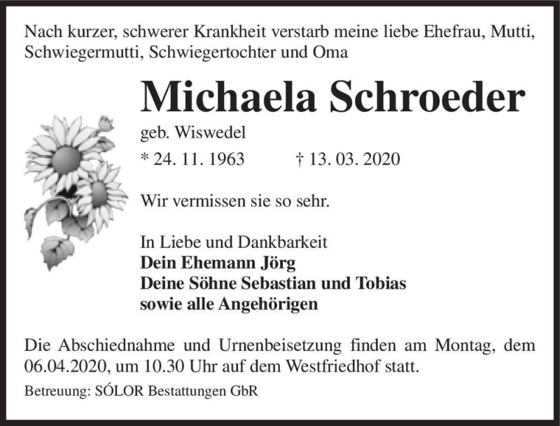  Traueranzeige für Michaela Schroeder (geb. Wiswedel)  vom 28.03.2020 aus Magdeburger Volksstimme