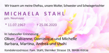 Traueranzeige von Michaela Stahl (geb. Neumayer)  von Magdeburger Volksstimme