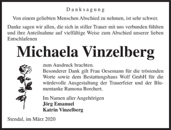 Traueranzeige von Michaela Vinzelberg  von Magdeburger Volksstimme
