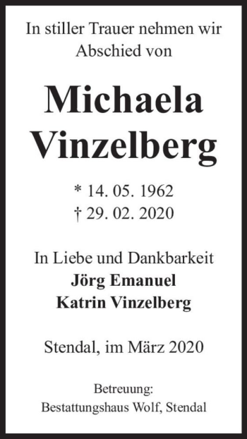 Traueranzeige von Michaela Vinzelberg  von Magdeburger Volksstimme