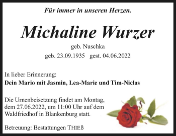 Traueranzeige von Michaline Wurzer (geb. Nuschka)  von Magdeburger Volksstimme