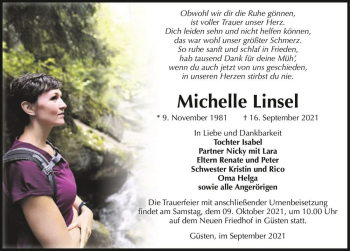 Traueranzeige von Michelle Linsel  von Magdeburger Volksstimme