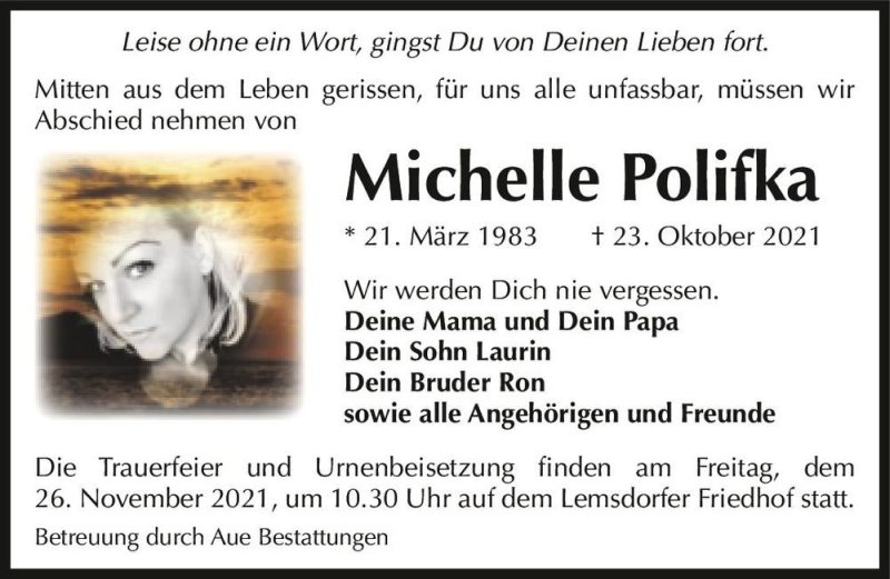  Traueranzeige für Michelle Polifka  vom 13.11.2021 aus Magdeburger Volksstimme