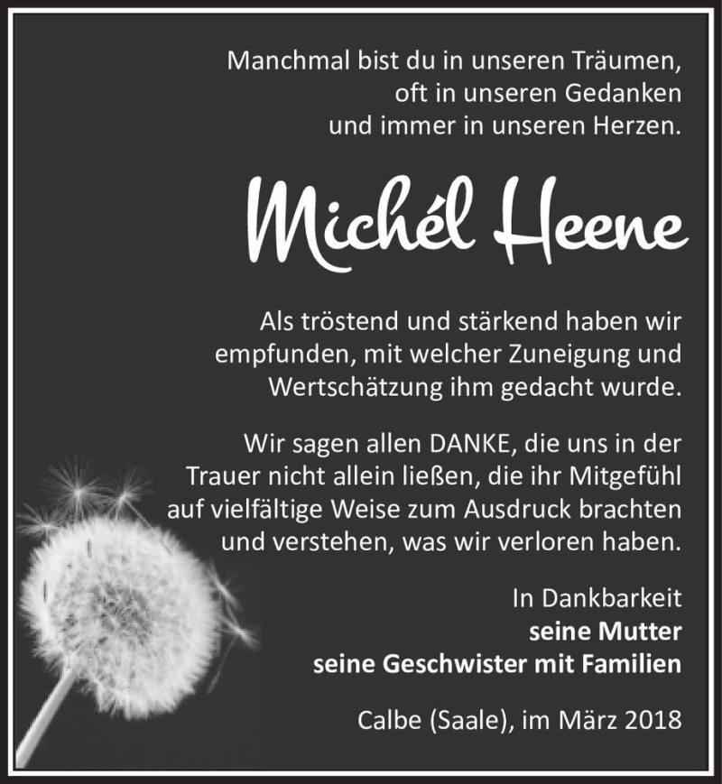  Traueranzeige für Michél Heene  vom 31.03.2018 aus Magdeburger Volksstimme