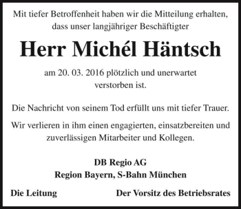 Traueranzeige von Michél Häntsch  von Magdeburger Volksstimme
