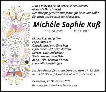 Traueranzeige von Michéle Sophie Kuß  von Magdeburger Volksstimme