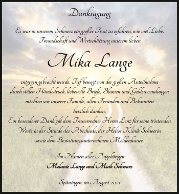 Traueranzeige von Mika Lange  von Magdeburger Volksstimme