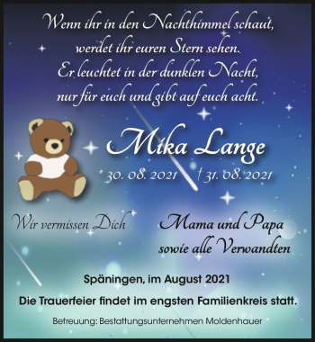 Traueranzeige von Mika Lange  von Magdeburger Volksstimme