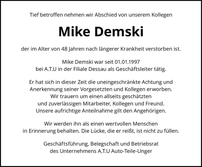  Traueranzeige für Mike Demski  vom 16.01.2021 aus Magdeburger Volksstimme