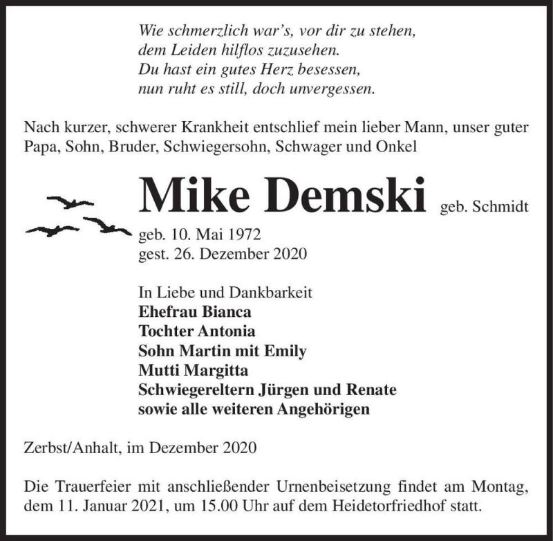  Traueranzeige für Mike Demski (geb. Schmidt)  vom 02.01.2021 aus Magdeburger Volksstimme