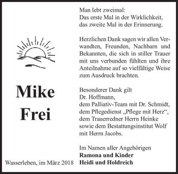 Traueranzeige von Mike Frei  von Magdeburger Volksstimme
