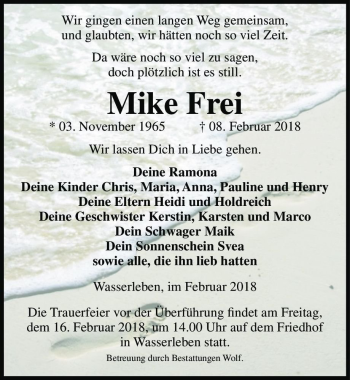 Traueranzeige von Mike Frei  von Magdeburger Volksstimme