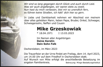 Traueranzeige von Mike Grzeskowiak  von Magdeburger Volksstimme