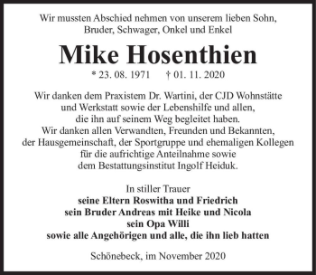 Traueranzeige von Mike Hosenthien  von Magdeburger Volksstimme