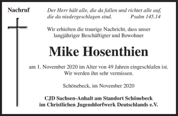 Traueranzeige von Mike Hosenthien  von Magdeburger Volksstimme