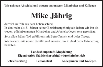 Traueranzeige von Mike Jährig  von Magdeburger Volksstimme