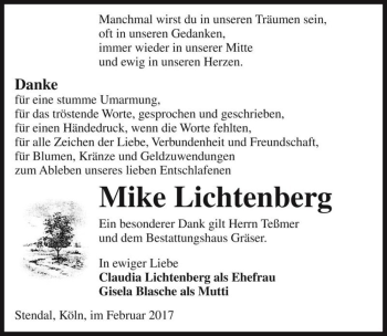 Traueranzeige von Mike Lichtenberg  von Magdeburger Volksstimme
